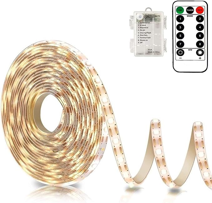 echosari Battery Powered Led Strip Lights with Remote Warm White, 8 Modes, Dimmable, Timer, Self-Adhesive, Cuttable, Waterproof, 9.8FT 90Led Strip Lights for TV Kitchen Cupboard Bedroom Decor