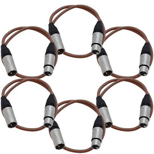 Seismic Audio SAXLX-2Brown-6Pack - 6 Pack of 2 Foot Brown XLR Patch Cables - Microphone Cords - Male to Female XLR Cables - 2'