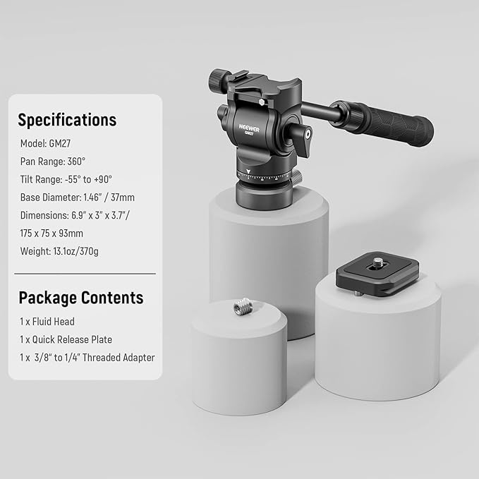 NEEWER Tripod Fluid Head with +/-10° Leveling Base(37mm Dia.), Metal Pan Tilt Head with Arca Type QR Plate, Telescopic Handle for Compact Video Camera DSLR Camera, Max Load 8.8lb/4kg, GM27