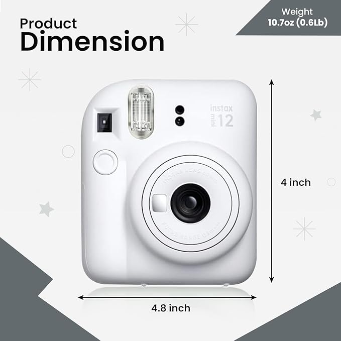 Fujifilm Instant Mini 12 Camera + Accessory Bundle & Custom Case + Fuji Instant (20 Shots) Designer Mini Photo Album (60 Pockets) (Clay White)