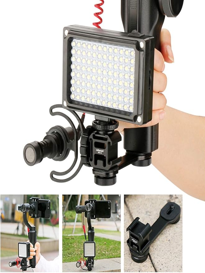 ULANZI PT-3 Triple Cold Shoe Mount Adapter Aluminium for Gimbal (DJI Osmo Mobile 2/3, Zhiyun, Feiyutech), Camera and Smartphone Vlog Video Microphone Extension Bar,Black