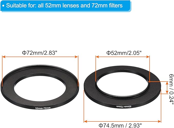 PATIKIL 52mm-72mm Metal Step Up Ring, 2 Pack Camera Lens Filter Adapter Ring Aluminum Filter Adapter Ring for Camera Lenses Hood, Black