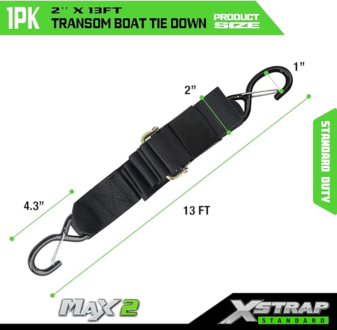 XSTRAP STANDARD 1PK 2''x 13' Adjustable Tie-Down Wide Webbing Rated Capacity: 1200 lb Moving Straps Tie Downs Marine Boat Strap Trailer with Hooks Prevent Corrosion Yet Easy