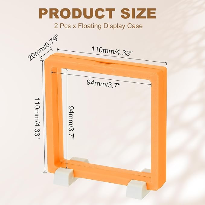 PATIKIL 2Pcs Floating Display Case, 4.3 Inch Jewelry Display Case Stand Challenge Coin Holder Frames Transparent Small Storage Box 3D for Necklace Bracelets Pendants, Orange/White