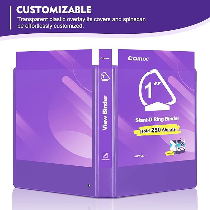 COMIX Sturdy 1 Inch Binders 3 Ring with Clear View Cover, 1" Slant-D Ring View Binder Holds 225 Sheets of US Letter Size Paper, 6 Pack (Purple)
