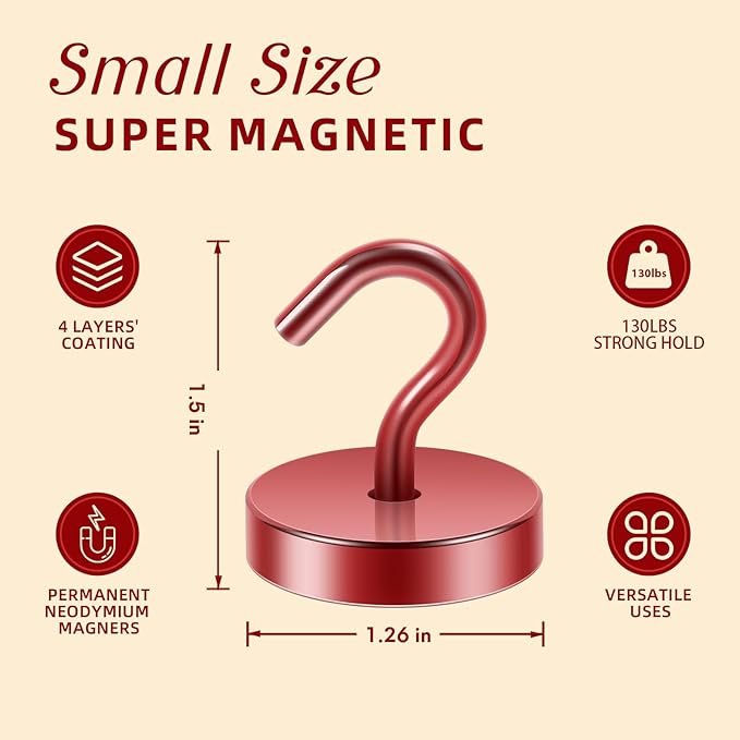 Neosmuk Magnetic Hooks, Cruise Ship Essentials, 130lb+ Heavy Duty Magnetic Hooks for Cruise Cabins, Refrigerator, Grill, Hanging, and Travel | Extra Strong Must-Haves Magnet Hook,Red