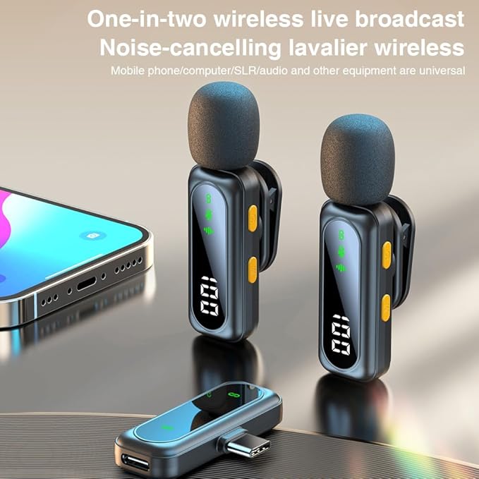 2 Pack Wireless Lavalier Microphone with Clip Wireless Microphone with Noise Cancellation Plug and Play Wireless Mic for Android Live Broadcast