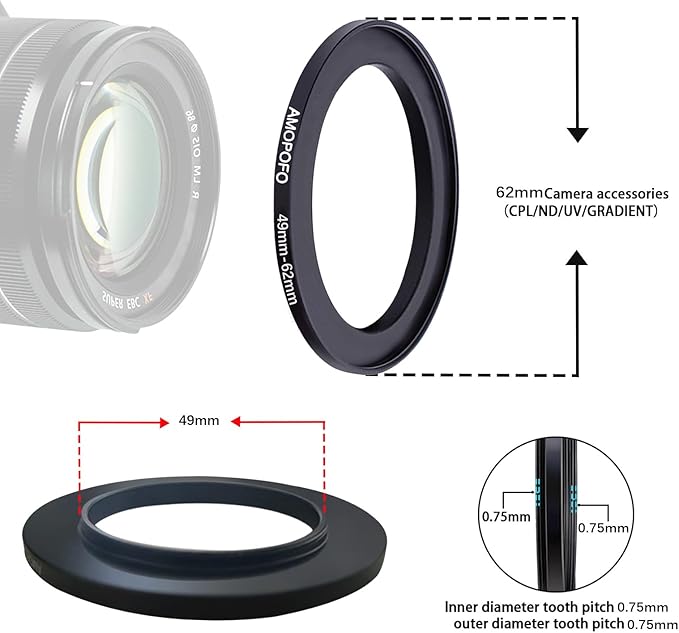 49mm to 62mm Step-Up Ring Filter adapter/49mm to 62mm Camera Filter Ring ;Compatible All Brands 49 mm Lens and 62 mm UV,ND,CPL,Metal Step Up Ring