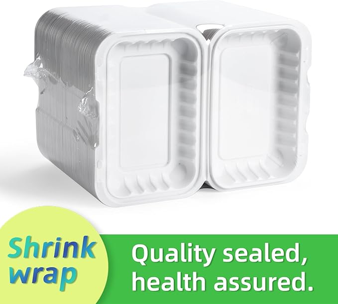 LEOBOX Plastic Containers Mineral Filled PP 9x6 - Shrink Wrap 50 Pack 27oz BPA Free Takeout Box | Freezer Microwave & Dishwasher Safe | Reusable & Disposable Container for To Go Bulk Catering | White