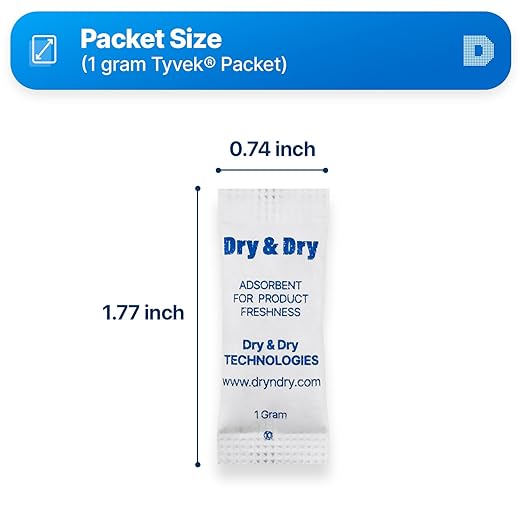 Dry & Dry 1 Gram[50 Packets] Food & Pharmaceutical Safe Silica Gel Packs Desiccants - Rechargeable Tyvek® Silica Gel Packets, Moisture Absorbers, Desiccants Packets, Silica Gel