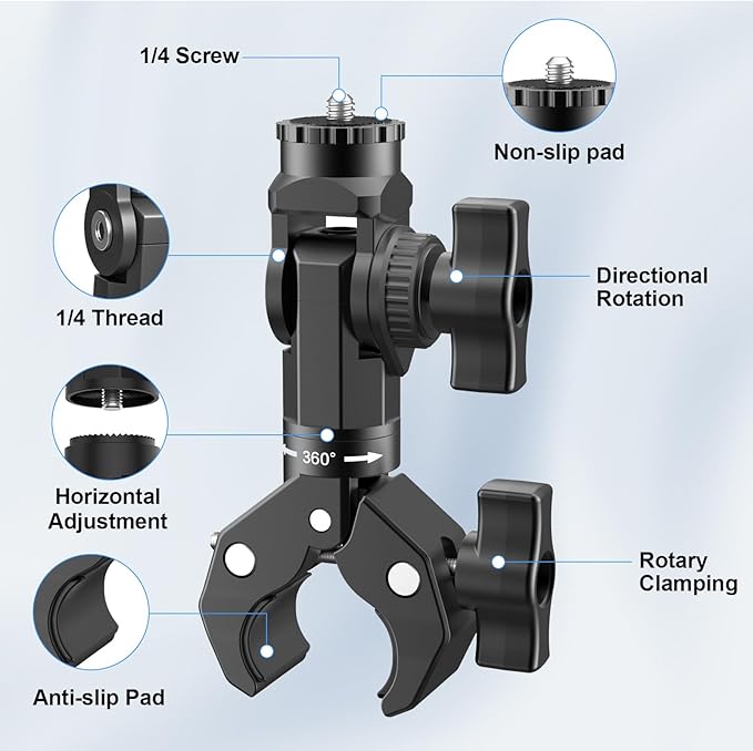 Super Clamp Mount with Magic Arm for Motorcycle & Bike, Heavy Duty Camera Clamp for GoPro 13/12/11/10/9, Compatible with Insta360 X5 X4 X3, for DJI Osmo Action Camera - YD055