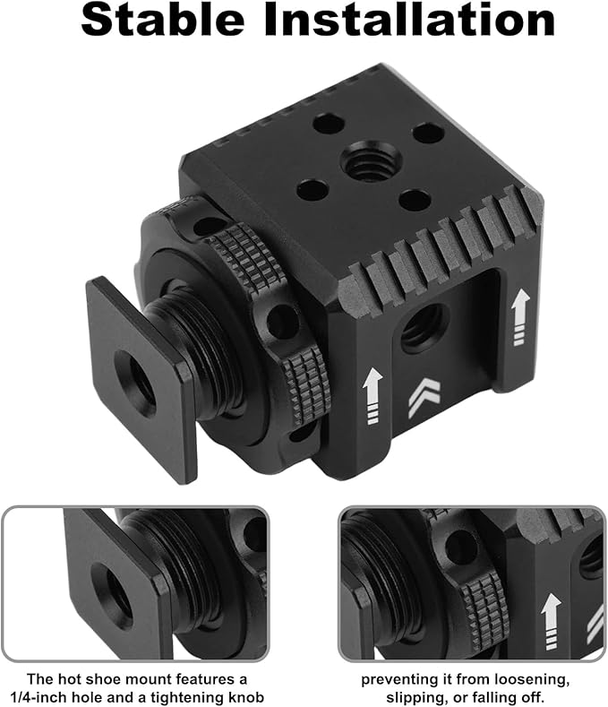 Cold Shoe Mount Adapter, Metal Camera Cold Shoe Extension Bracket with 1/4" Screw Holes for Photography Flash Light Microphone Monitor Compatible with DSLR Cameras (Black)