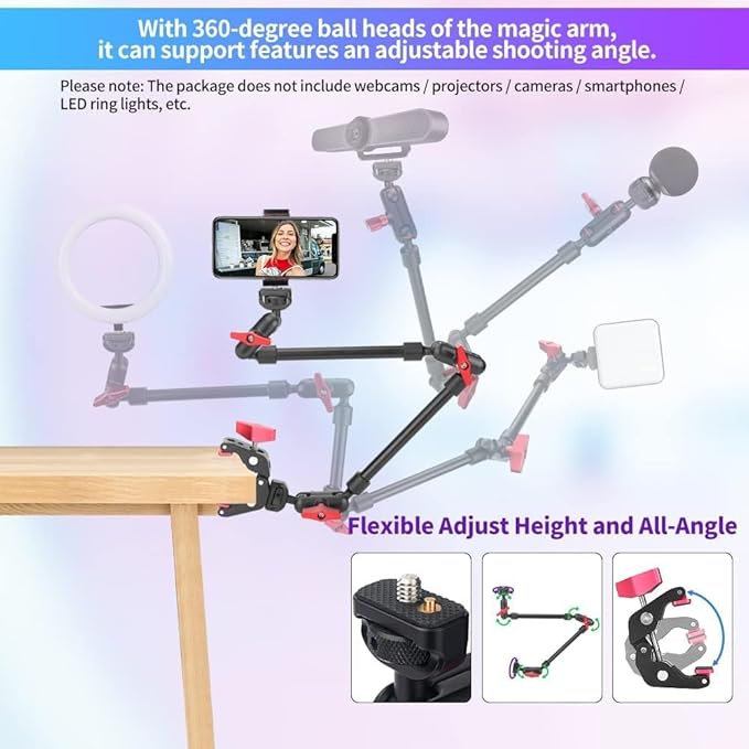 22" Magic Arm Camera Mount, Articulating Arm Tripod Clamp w Thread Adapter, Friction Camera Boom Arm, Overhead Desk Mount Clamp Stand for Phone, Webcam, Mic, Video Rig, Tripod Light