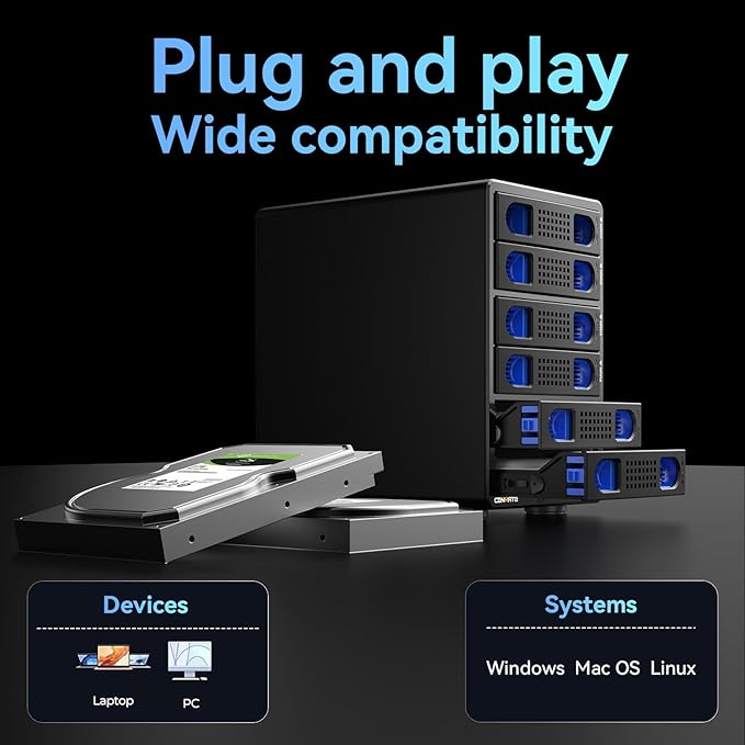 CENMATE 6 Bay Hard Drive Enclosure with Cooling Fan for 2.5“/3.5" SATA HDD/SSD with USB A/C 3.0, Support Hot Swappable, Daisy Chain Expansion, Tool-Free HDD Enclosure, DAS(NO RAID/NAS)