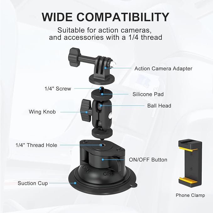 MINIFOCUS Suction Cup Camera Mount with Phone Holder, Car Camera Mount with Ball Head Magic Arm for Windshield Dash Compatible with GoPro Hero 11/10/9, DJI Osmo Action/Procket, Insta360 X5/4/3
