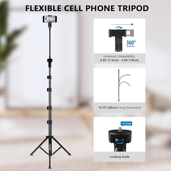 61" Phone Tripod Stand with 15.7" Flexible Gooseneck and Phone Holder, Extendable Cell Phone Stand, Portable Tripod for Photography, Video Recording, Live Stream
