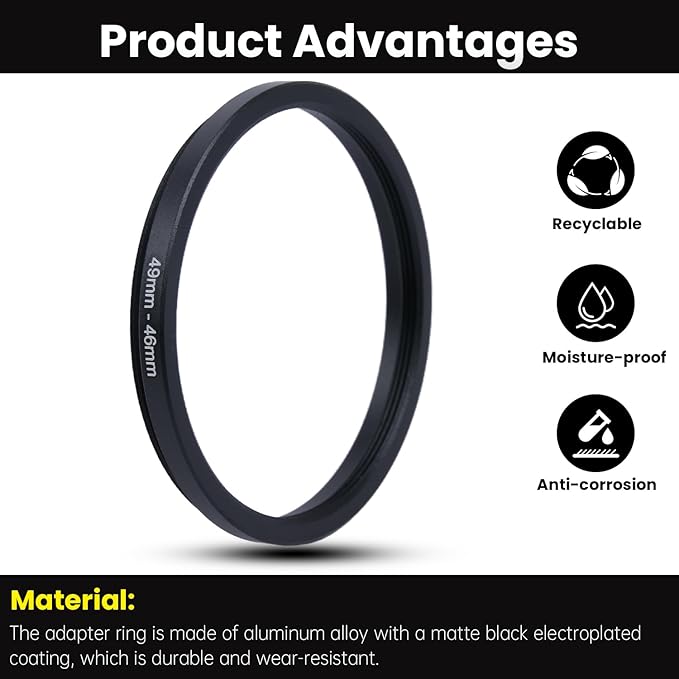 Metal Step Down Ring Filter Adapter - 49mm to 46mm - Metal Ring Step Down Rings Adapter Filter Compatible with All 46mm UV, CPL, ND, Lens Hood, Threaded Lens ect