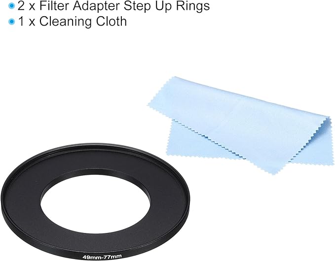 PATIKIL 49mm-77mm Metal Step Up Ring with Cleaning Cloth, 2 Pack Camera Lens Filter Adapter Ring Aluminum Filter Adapter Ring for Camera Lenses Hood, Black