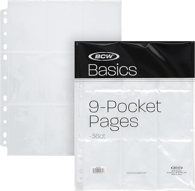 BCW Basics 9-Pocket Card Pages (36 Pack) | Binder Sheets for Trading & Sports Cards | Archival Page Protectors for Collectible Cards