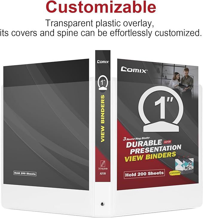 COMIX Sturdy 3 Ring Binder 1 inch with Clear View Cover, 1" Round Ring View Binder, PVC-Free, 2.4mm-Thick, 200 Sheets Capacity of US Letter Size Paper, Office ＆ School Supplies, 8 Pack (White)