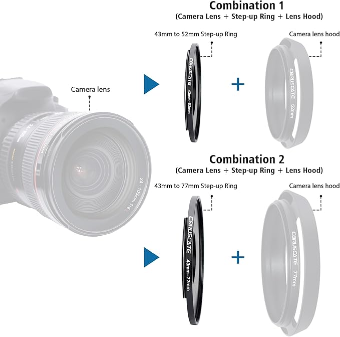 10Pcs Filter Ring Adapter Set, Lens Filter Metal Stepping Rings Compatible All Brands UV ND CPL (43-46mm,43-49mm,43-52mm,43-55mm,43-58mm,43-62mm,43-67mm,43-72mm,43-77mm,43-82mm)