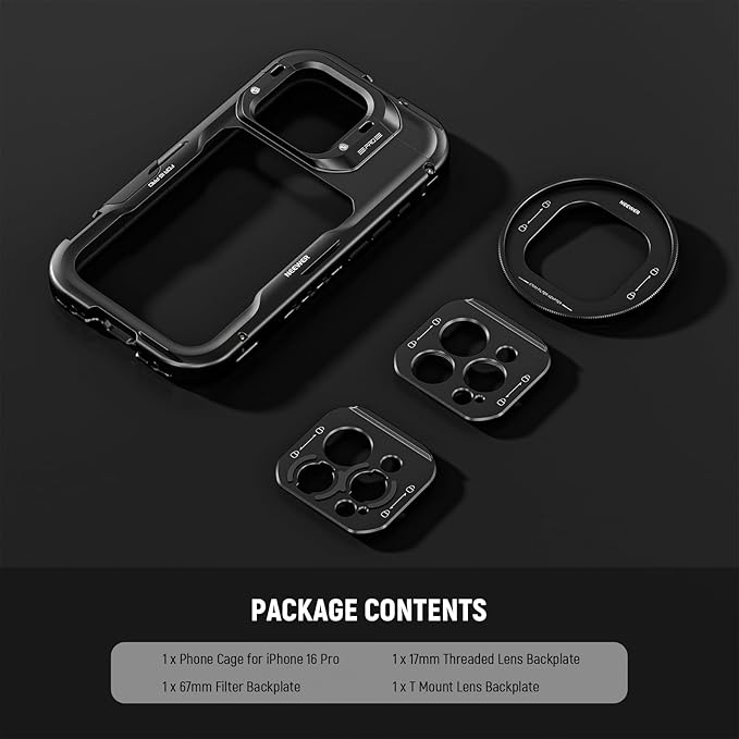 NEEWER 16 Pro Max Cage, Quick Release Video Rig Phone Stabilizer Compatible with iPhone 16 Pro Max with 67mm Filter Adapter, 17mm Lens Backplate, T Mount Lens Adapter Compatible with Moment, PA074