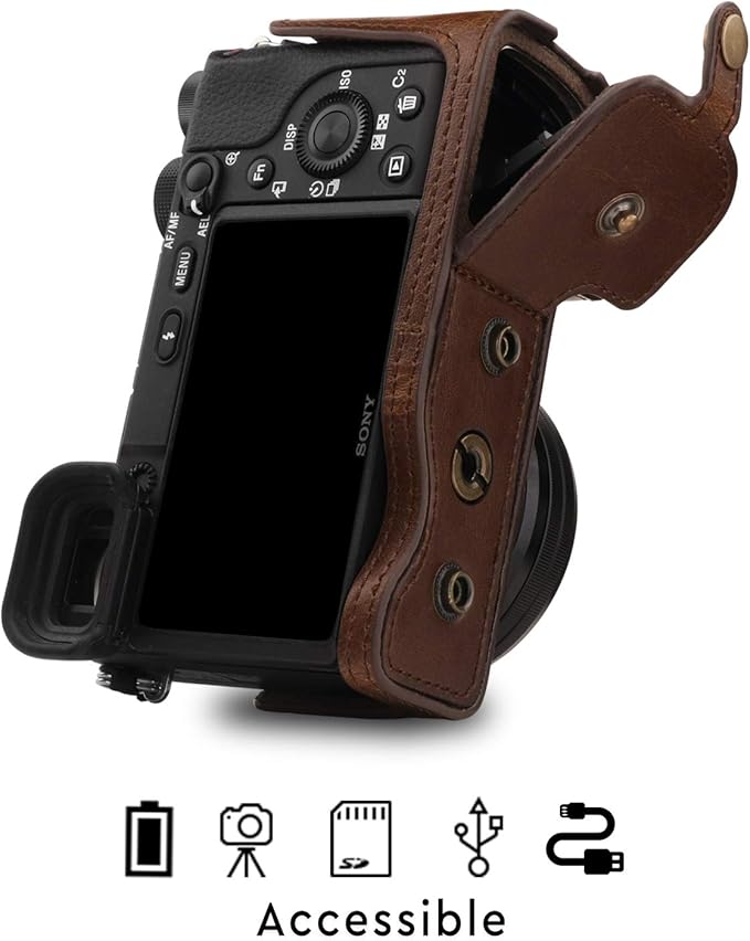 MegaGear MG1652 Ever Ready Leather Camera Case Compatible with Sony Alpha A6100, A6400 (16-50mm) - Brown