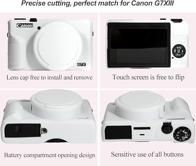 Pocoukate Case for Canon G7X Mark III Camera, Soft Silicone Protective Cover Skin with Removable Lens Cover for Powershot G7X Mark iii, Silicone Case with G7X3 Screen Protector Accessories - White
