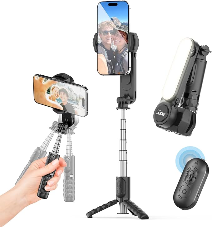acer Gimbal Stabilizer 1Axis for iPhone/Cell Phone/Smartphone/Android with Remote Control&Light, Portable Gimbal Tripod Auto Balance Handheld Selfie Stick for Video Recording, Vlogging, Live Streaming