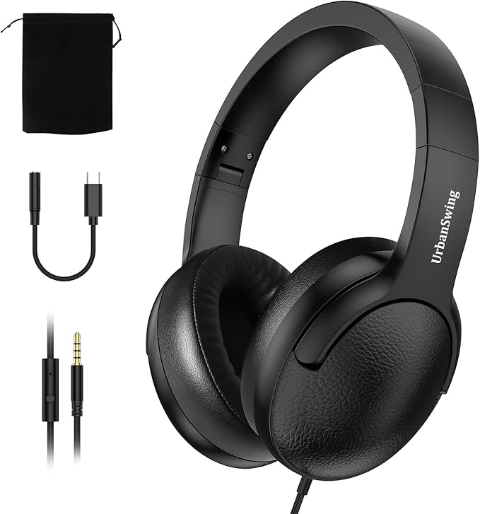 W4 Sturdy Over Ear Headphones with USB C Adapter, 3.5mm Wired Headset with Mic for Adults & Teens, School, Travel, Braided Long Wire, Velvet Pouch, for iPhone 17/16, Samsung, iPad, Black