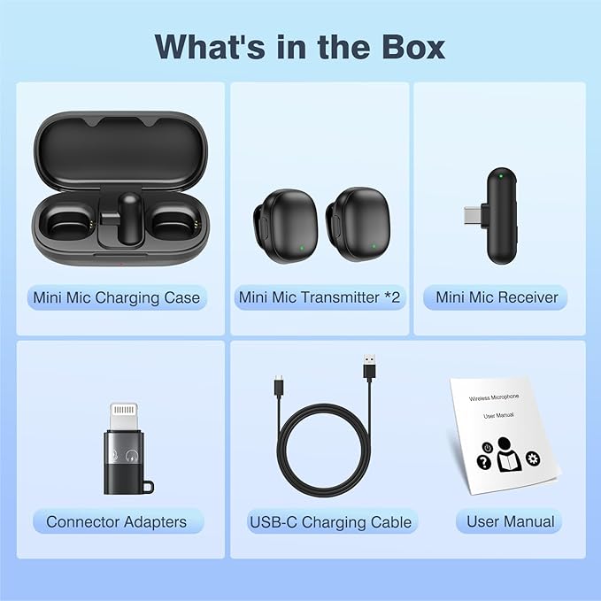 Professional Wireless Microphone for iPhone, Wireless Lavalier Microphone, 3-Level AI Noise Reduction, 350ft Range Hi-Fi Sound, for iPhone/iPad/Android/Camera, Mic for Video Recording YouTube