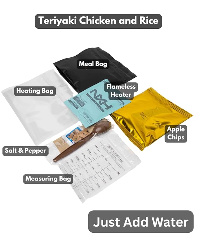 Heaven's Harvest Self-Heating Emergency Meal Kit (10 Year Shelf Life) — Tastier than MRE Meals & Ready-To-Eat in Minutes! Just add water to activate the “cooking” process. Teriyaki Chicken) (12-Pack)