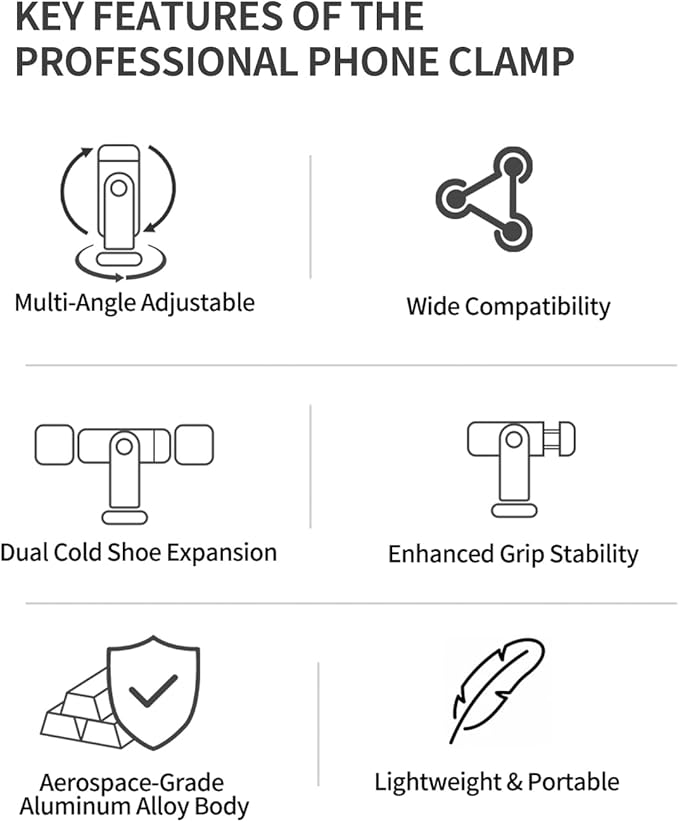 Metal Phone Tripod Mount Adapter, Smartphone Holder Clamp Support Stand with Cold Shoe, Compatible with iPhone, Samsung on Tripod, Camera, Gimbal, Selfie Stick for Live Streaming, Video Shooting