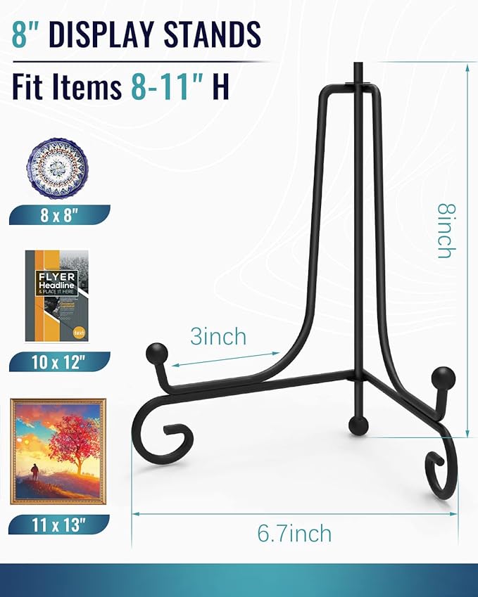 Iron Display Stand 10 Packs, 8 Inches Plate Stand Picture Stand Photo Stand for Display, Black Foldable Easel Stand Holder for Photo Frame, Artwork, Collection, Decorative Plate, Book, Office