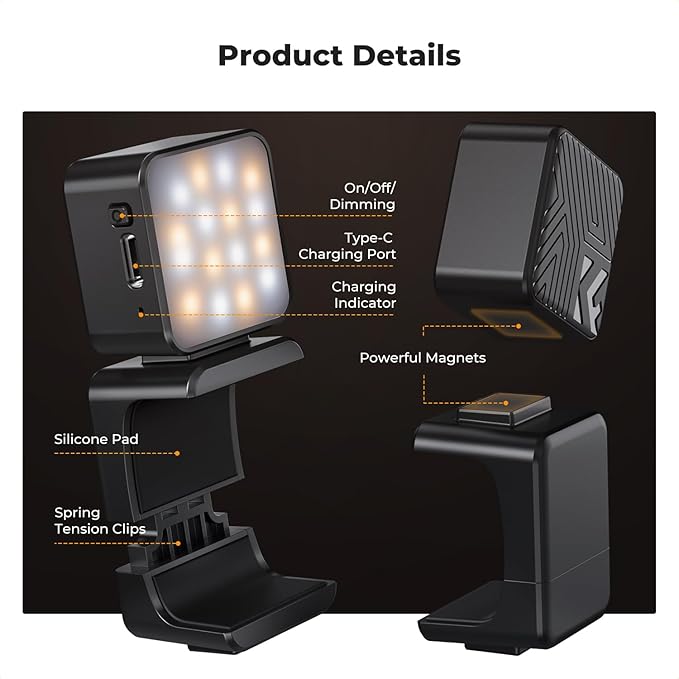 K&F Concept Magnetic Mini Light for DJI Osmo Pocket 3, 1W USB C Rechargeable Auxiliary LED Fill Lighting, Color Temperature 3 Levels Adjustable 3000K/4500K/6000K, Brightness 2 Levels Video Lamp