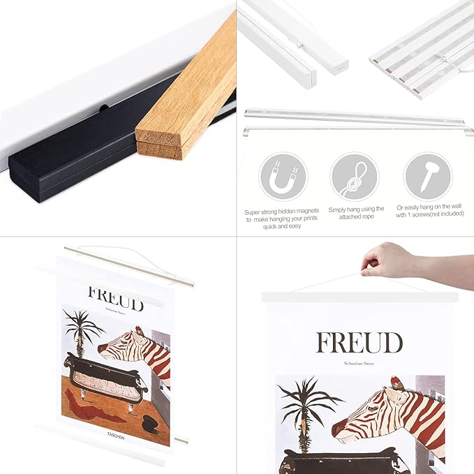 Ywlake Magnetic Poster Hanger, 14x22 14x20 14x24 Poster Frame Wood Wooden Magnet Print Posters Dowel Scroll Hanger Hangers Hanging Kit for Walls Map Canvas Artwork (White, 14")