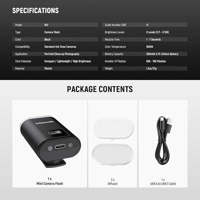 NEEWER Entry Level Version Mini Camera Flash N12: 5600K Fill Light, LCD Display, Compatible with Canon/Fujifilm/Sony/Nikon DSLR Hot Shoe Cameras for Studio Shoots