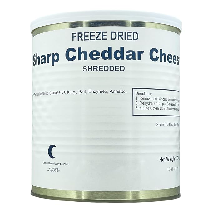 Military Surplus Freeze Dried Shredded Sharp Cheddar Cheese – #10 Can – 32 oz per Can– 25+ Year Shelf Life – Emergency Food Supply – Camping, Hiking, Survival, Backpacking – Long-Term Storage Food – Pack of 6