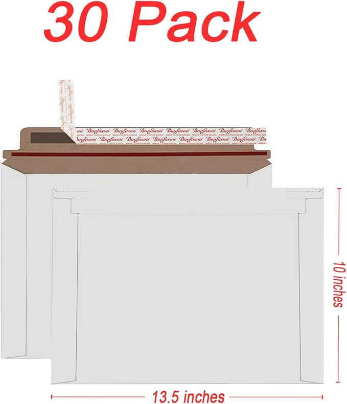 Bonfasvo Rigid Mailers 30 Pack 10 x 13.5 inches White Self Seal Stay Flat Bulk Cardboard Kraft No Bend Mailers Peel and Seal for Document Photos Pictures Papers Files CD