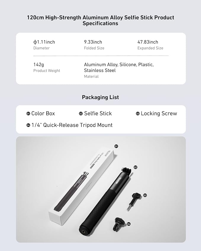 TELESIN 47" Extension Selfie Stick, Portable Handheld Invisible Monopod Pole for GoPro Hero 13 12 11 10 Insta360 X5 X4/DJI Osmo 360/Action 5 4 Pocket/AKASO Vlog Selfie Stick, Action Camera Accessories