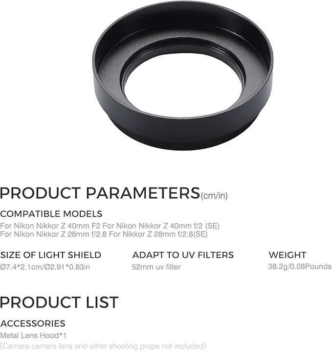 Camera Metal Lens Hood for Nikon Nikkor Z 40mm F2, Z 28mm f/2.8, Z 28mm f/2.8 Lens Compatible with 52mm UV UV Filters (Black)