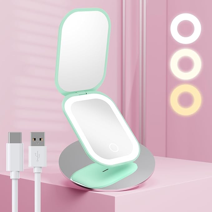 Benbilry Lighted Compact Travel Mirror with 3 Color Lights, 1X/3X Magnifying Ultra Slim Rechargeable Pocket Mirror for Purse, 2-Sided, Handheld, Folding, Portable, Green