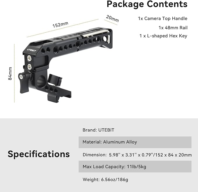 UTEBIT Camera Top Handle and NATO Rail, Top Handle Grip with 1/4" 3/8" ARRI Threads, 4 Cold Shoe Adapters to Mount DSLR with Microphone/LED Light/Monitor