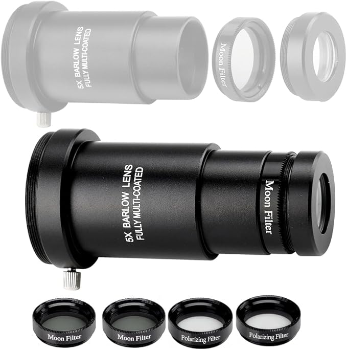 Starboosa 62° Aspheric Eyepiece Set, 1.25" (23mm/10mm/4mm) with 5X Barlow & 4 Filters (2 Polarizing, 2 Moon) — Multi-Coated Optics — Soft Fold-Down Eyecups — Fits Most Telescopes
