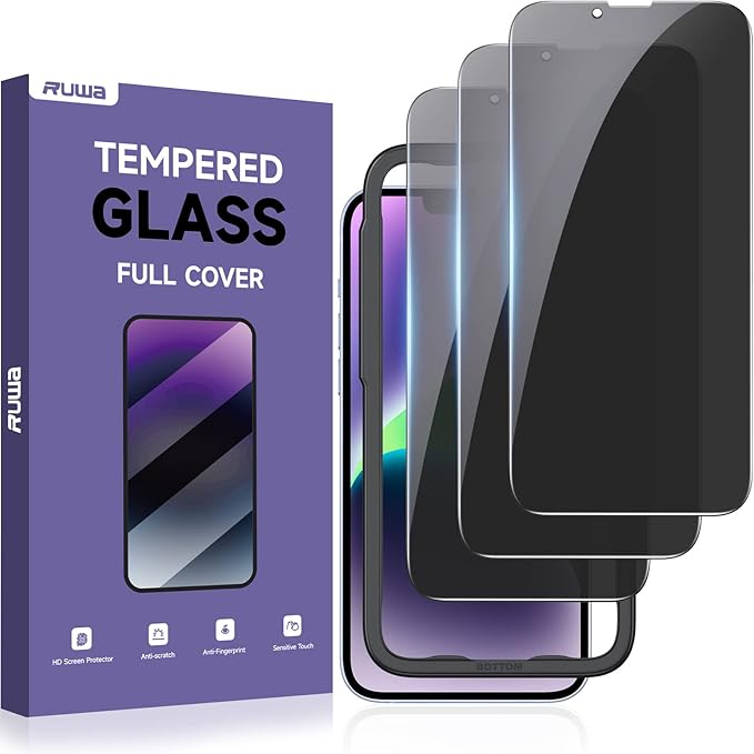 ruwa Privacy Screen Protector for iPhone 13/13 Pro/14/16e [3-Pack][6.1 Inch] Display Tempered Glass Film with Easy Installation Frame, Ultra HD, 9H Hardness, Scratch Resistant, Case Friendly