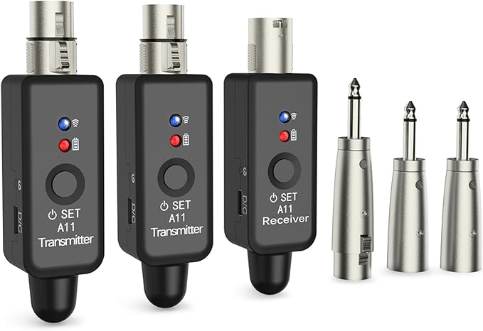 A11 2.4GHz Wireless Microphone Transmitter Receiver 4 Channels Plug-on XLR Mic Adapter Wireless Mic System for Dynamic/Condenser Mics, Audio Mixer, DSLR Camera,PA System (2TX + 1RX)