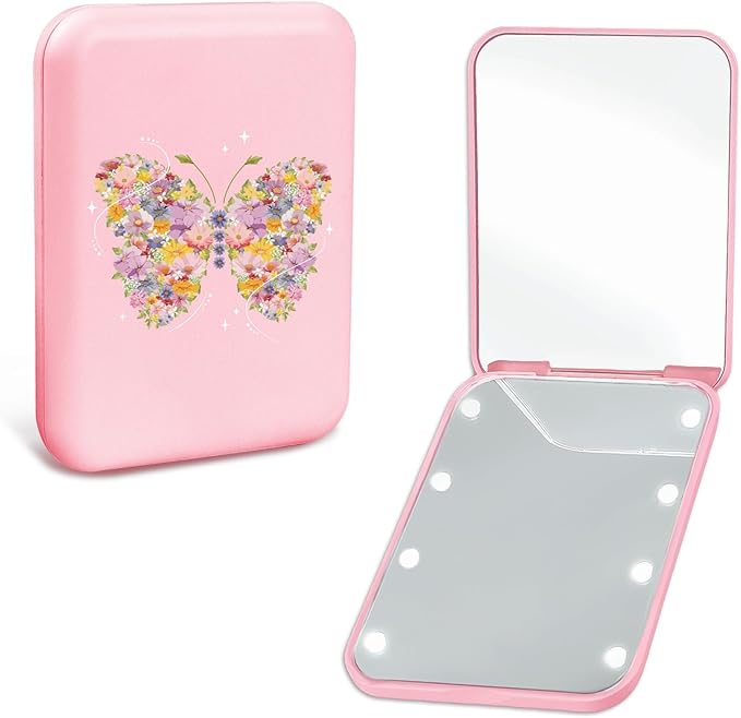 Cute Butterfly Travel Compact Mirror with Light for Purses Pink 1X/2X Magnification Small Led Portable Pocket Makeup Mirror, Trendy Birthday Gift Stocking Stuffers for Teen Girls Women
