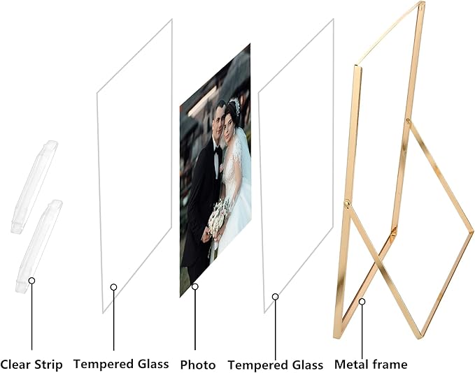 Gold 10x12'' Floating Frame 2pack For Photo Sizes(8.5x11'',8x10'',7x9''),Beautiful Metal Beaded Edge 8x10'' floating picture Frames, Adjustable Tabletop/Shelf Photo Frame