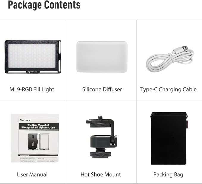 Moman Portable LED Video Light, Aluminum Alloy Body On-Camera Light, Diffuser & Built-in Battery, 2500K-8500K RGB Dimmable, CRI 96+ Photography Fill Light with 1/4" Screw for DSLR, Vlog, YouTube