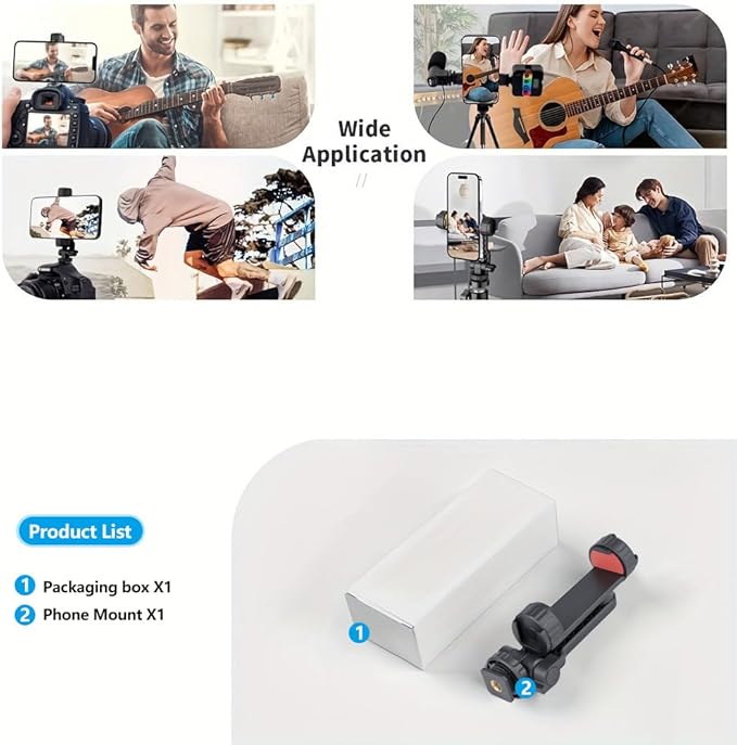 Dual Cold Shoe Phone Mount Holder — Universal Adjustable Smartphone Clamp with Dual Cold Shoe Mounts for Microphone & LED Light, 360° Rotating Ball Head, 1/4"-20 Tripod Screw Compatible